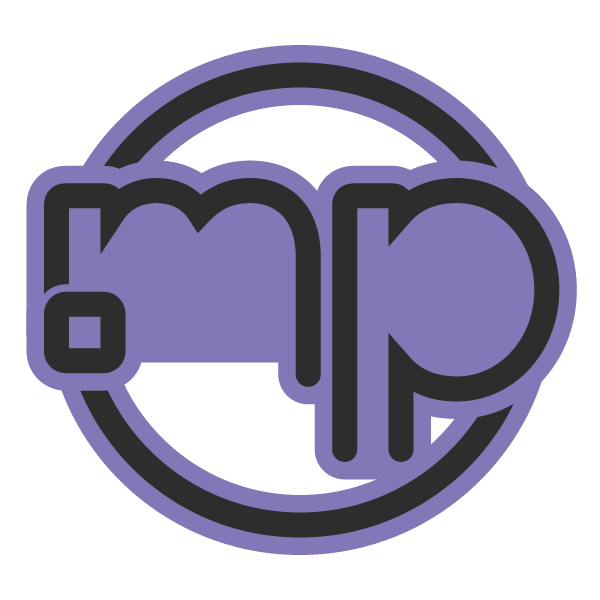 MP logo design with stylized letters in muted purple with dark outline